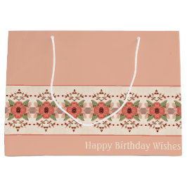 Sacola Para Presentes Grande Rosa Pêssego E Flor Vermelho Rusty