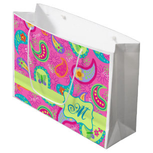 Sacola Para Presentes Grande Rosa quente Paisley moderno personalizado