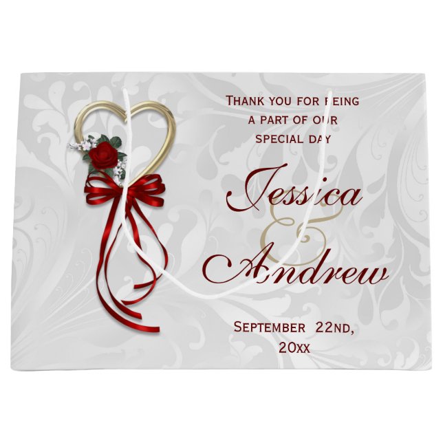 Sacola Para Presentes Grande Rosa romântico, Dourado Coração e Faixa Vermelha (Frente)