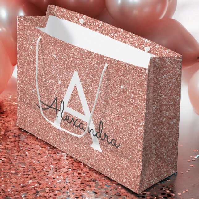 Sacola Para Presentes Grande Rosa Rosa Rosa Rosa Dourada, Brilhante e Monograma (Criador carregado)