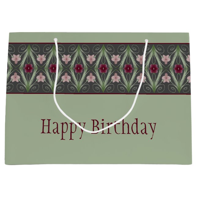 Sacola Para Presentes Grande Rosa Verde e Cinza (Frente)