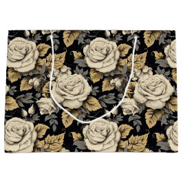 Sacola Para Presentes Grande Rosas Brancas E Douradas Folhas Padrão Floral