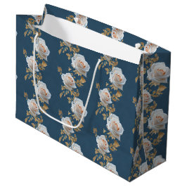 Sacola Para Presentes Grande Rosas brancas e folhas de ouro sobre fundo azul