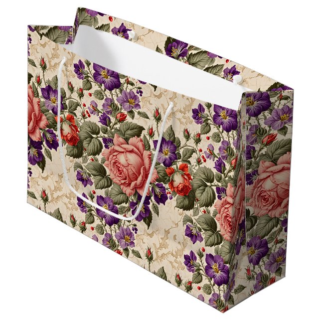 Sacola Para Presentes Grande Rosas Românticos de Pêssego e Coral (Frente inclinada)