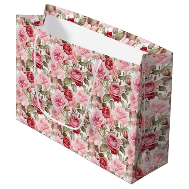 Sacola Para Presentes Grande Rosas Rosa com Saco do Presente (Frente inclinada)