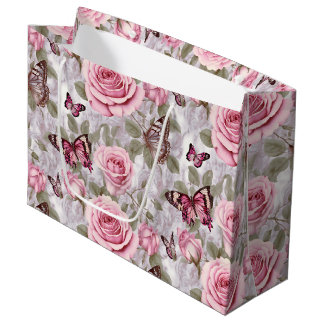 Sacola Para Presentes Grande Rosas rosa e borboletas Aquarela Floral