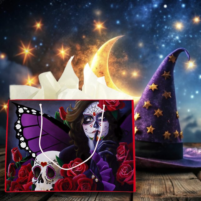 Sacola Para Presentes Grande Rosas vermelhas de crânio de açúcar Roxo (Criador carregado)