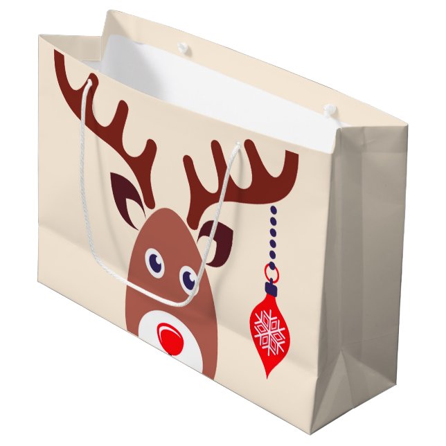 Sacola Para Presentes Grande Rosto de Reindeer de Natal (Frente inclinada)