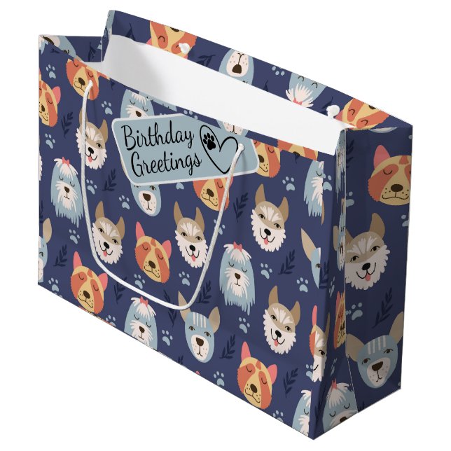 Sacola Para Presentes Grande Rostos de cão de desenho e patas sem costura (Frente inclinada)