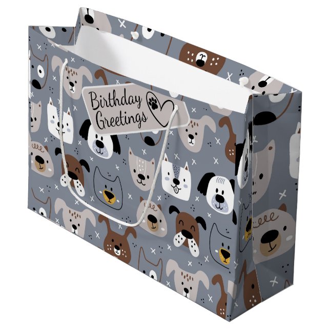 Sacola Para Presentes Grande Rostos de desenho animado de cães ilustrados com u (Frente inclinada)