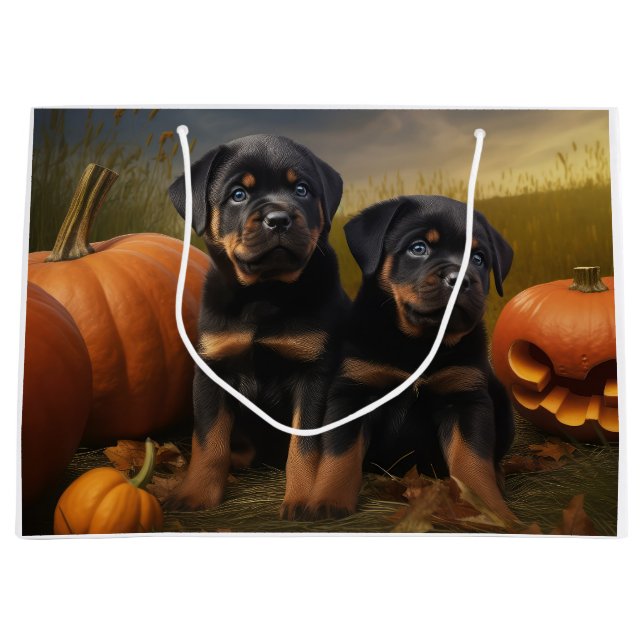 Sacola Para Presentes Grande Rottweiler Puppy Autumn - Pumpkin (Frente)