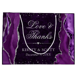 Sacola Para Presentes Grande Roxo e Prata Glitter Mármore Ágata Casamento