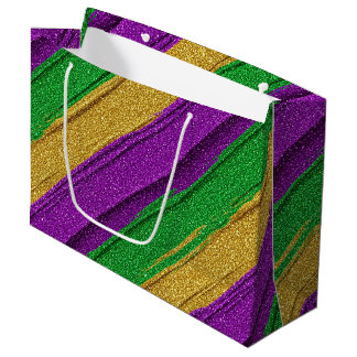 SACOLA PARA PRESENTES GRANDE ROXO VERDE OURO BRILHO LOOK MARDI GRAS