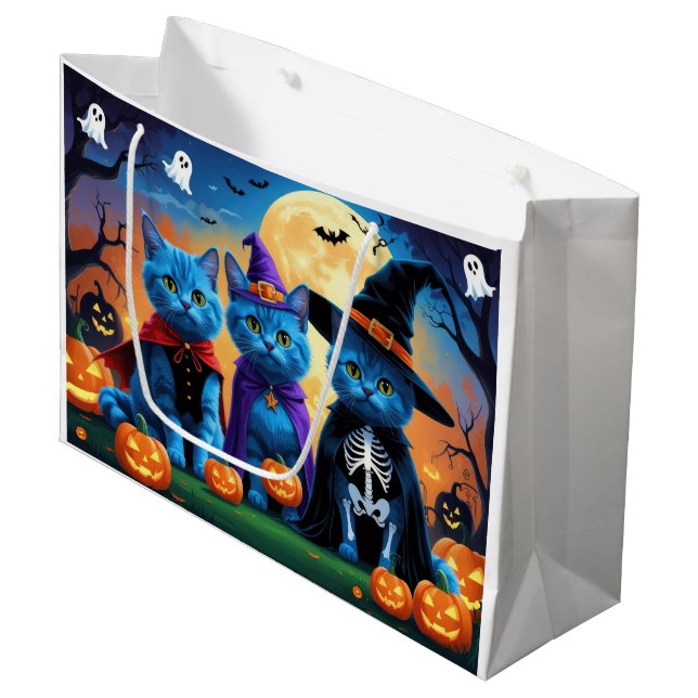 Sacola Para Presentes Grande Russo Blue Cats Pumpkin Halloween Engraçado (Frente inclinada)
