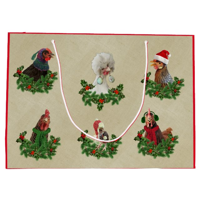 Sacola Para Presentes Grande Rustic Chicken Holiday Gift Bag (Verso)