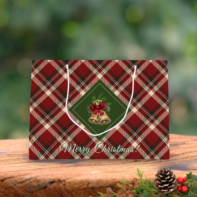Sacola Para Presentes Grande Rustic Felry Christmas Bell Red Gingham (Criador carregado)