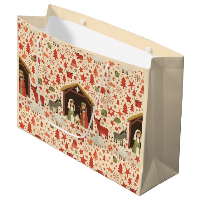 Sacola Para Presentes Grande Rustic Nativity Scene Christmas Gift Bag (Frente inclinada)