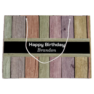 Sacola Para Presentes Grande Rustic Pastel Wood Plank Feliz Aniversário