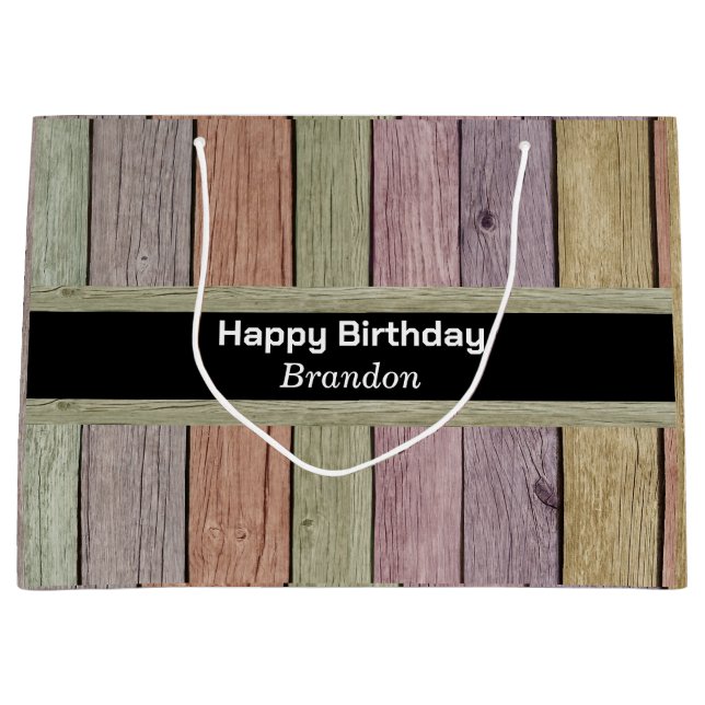 Sacola Para Presentes Grande Rustic Pastel Wood Plank Feliz Aniversário (Frente)