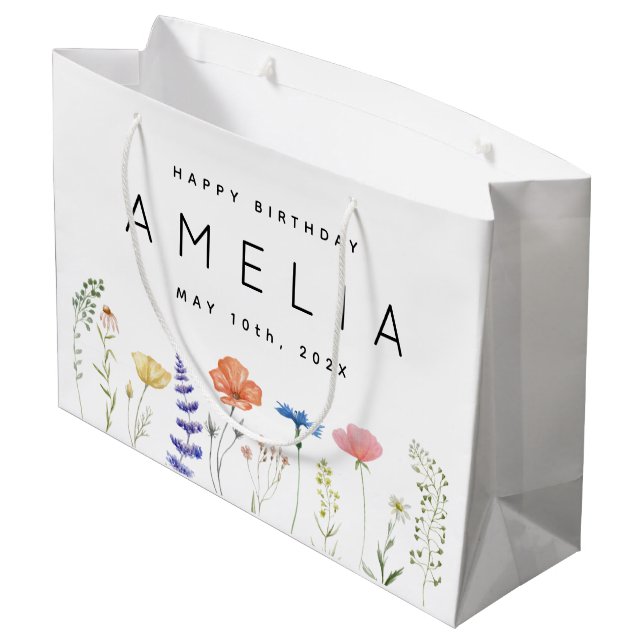 Sacola Para Presentes Grande Rustic Wildflower Happy Birthday Name (Verso inclinado)