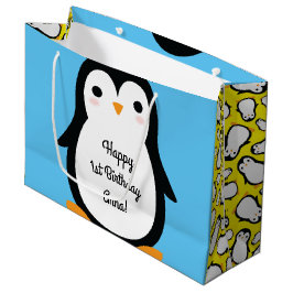Sacola Para Presentes Grande Saca de Presente de 1º Aniversário de Pinguim Fofo