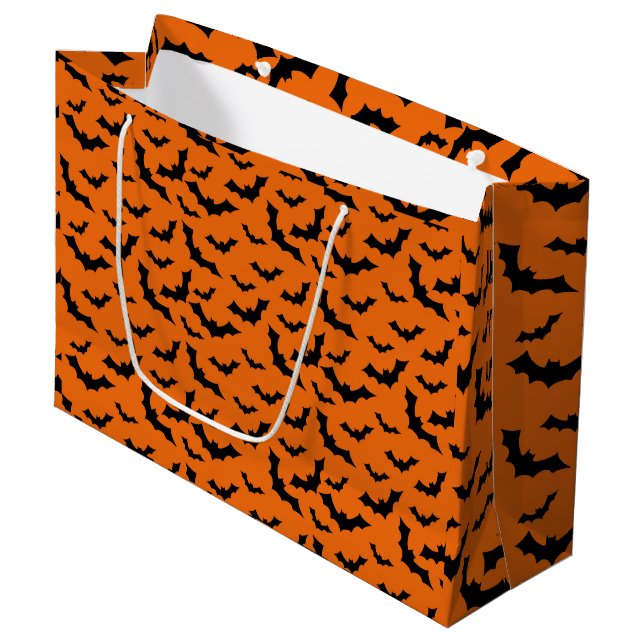 Sacola Para Presentes Grande Saca de Presente de Halloween Laranja com Morcegos (Frente inclinada)