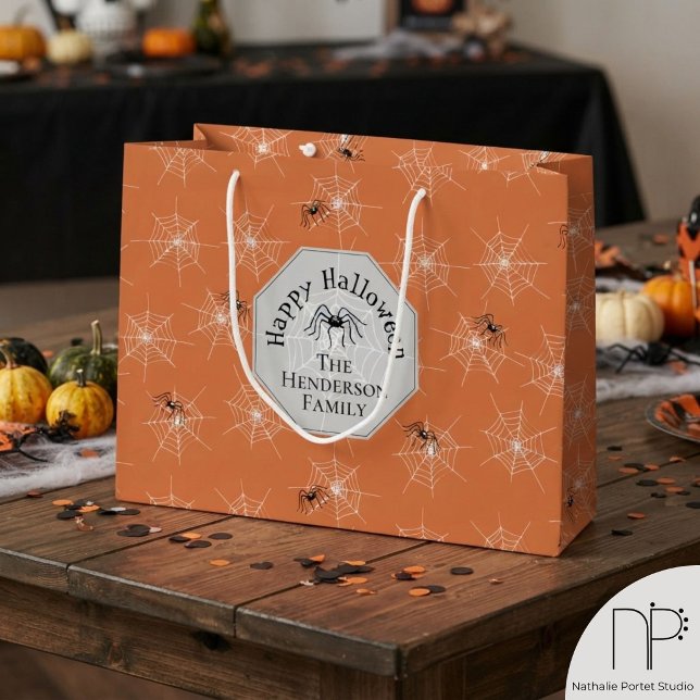 Sacola Para Presentes Grande Saca de Presente Laranja com Teia de Aranha Assust (spider web Happy Halloween large black orange gift bag for halloween party or october celebration)
