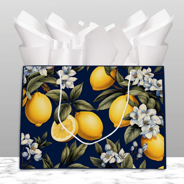 Sacola Para Presentes Grande Saca de Presente Limões e Flores Mediterrâneos Nav (Mediterranean Lemons and Blossoms on Navy Gift Bag for Italian and Sicilian celebrations)