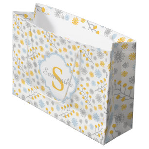Sacola Para Presentes Grande Saco amarelo do monograma & cinzento azul moderno