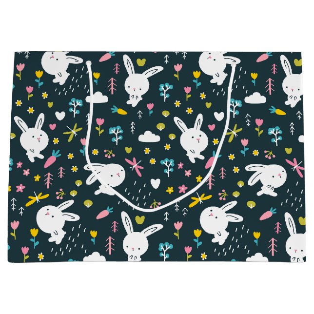 Sacola Para Presentes Grande Saco de Presente Coelhos Florais de Primavera (Frente)