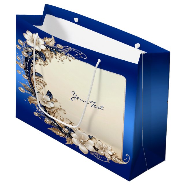 Sacola Para Presentes Grande Saco de Presente com Enfeite Floral Azul Branco (Frente inclinada)