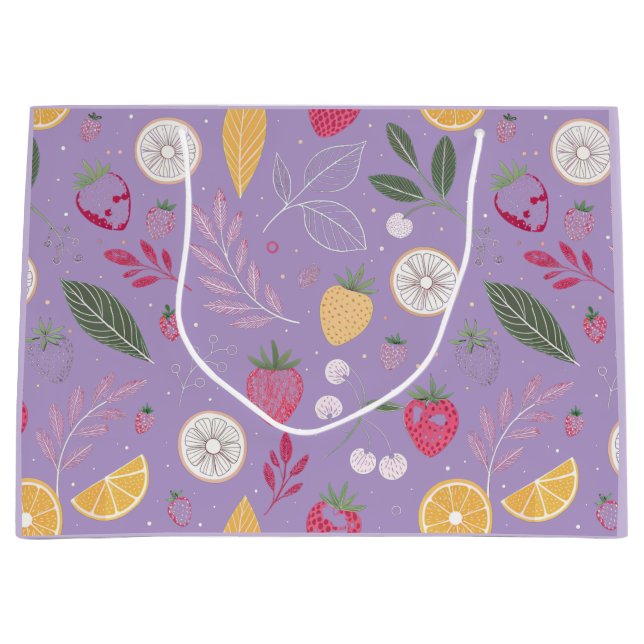 Sacola Para Presentes Grande "Saco de Presente com Frutas Roxas e Folhas" (Frente)