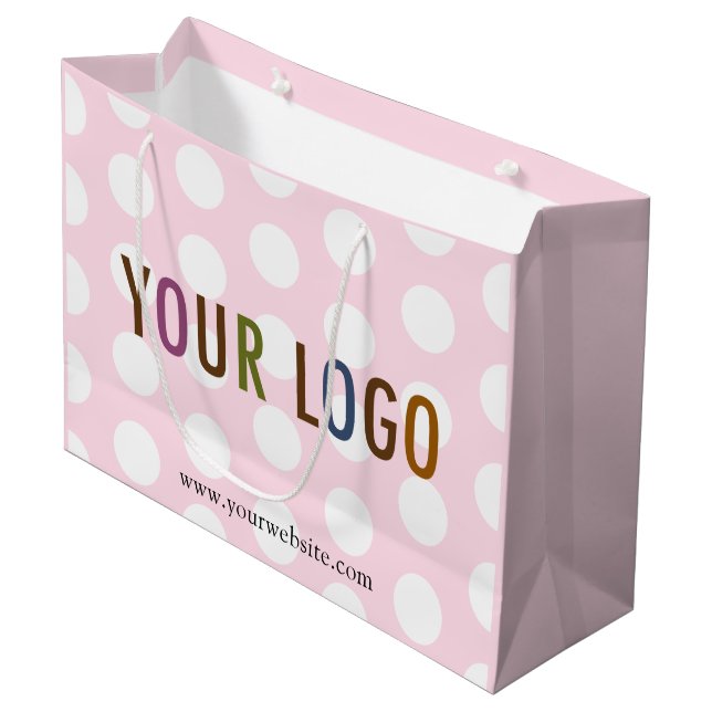 Sacola Para Presentes Grande Saco de Presente com Pontos Rosa e Branco com Logo (Frente inclinada)