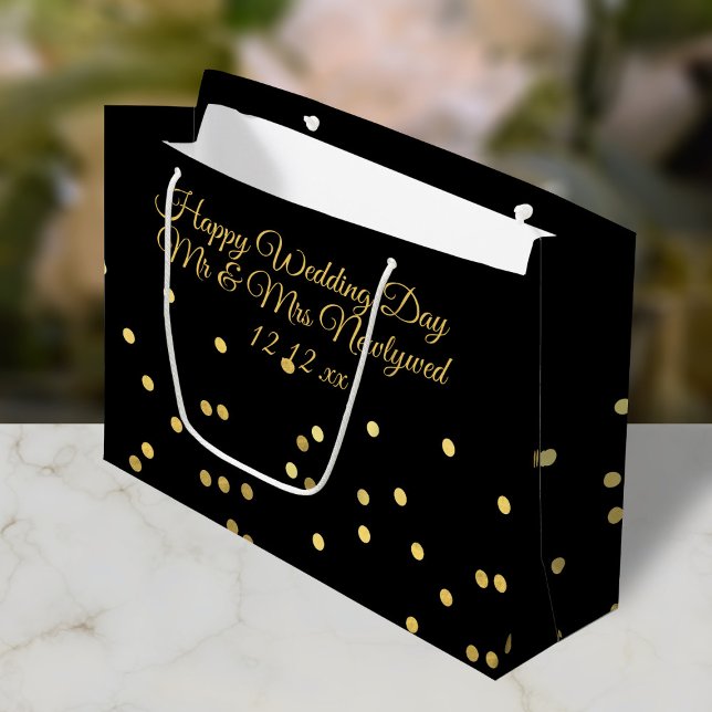 Sacola Para Presentes Grande Saco de presente de confete preto e dourado para o (Happy Wedding Day to the Newlyweds! Just add the Couple's name and wedding date to this gift bag)