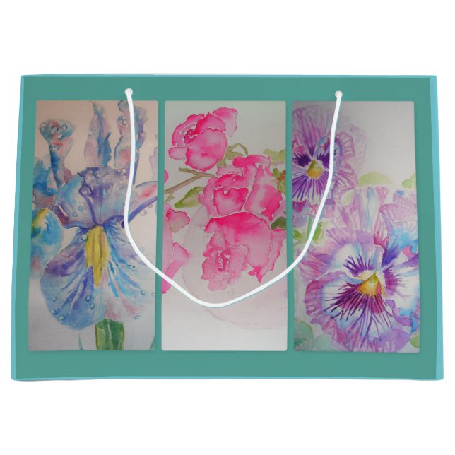 Sacola Para Presentes Grande Saco de Presente de Flores Aquarela Turquesa (Frente)