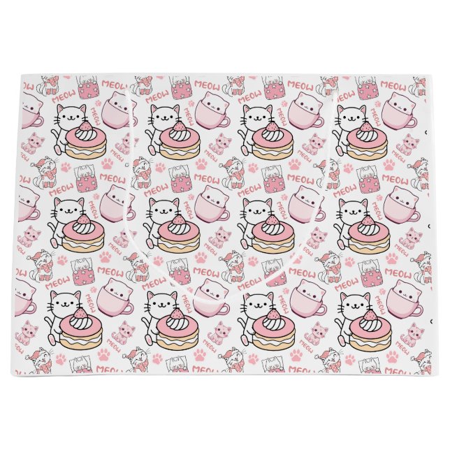 Sacola Para Presentes Grande Saco de presente de gato branco, rosa e branco (Frente)