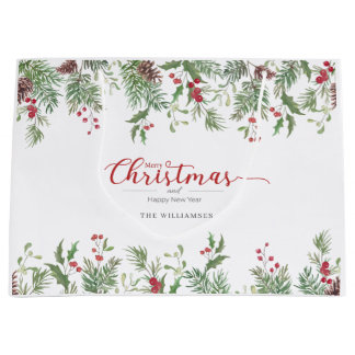 Sacola Para Presentes Grande Saco de Presente de Natal com Vegetação em Aquarel
