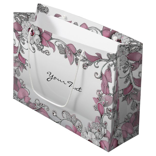 Sacola Para Presentes Grande Saco De Presente Floral Branco Prata Rosa (Frente inclinada)