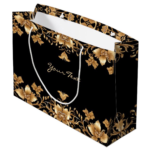 Sacola Para Presentes Grande Saco de Presente Floral Ornate Preto Dourado (Verso inclinado)