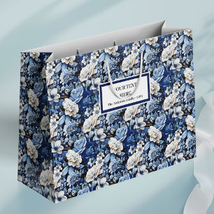 Sacola Para Presentes Grande Saco de Presente Luxuoso Floral Azul Marinho Elega
