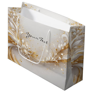 Sacola Para Presentes Grande Saco Floral Dourado Branco