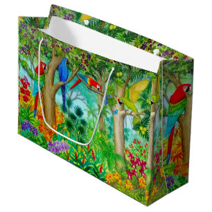 Sacola Para Presentes Grande Saco tropical do presente da selva do Macaw grande