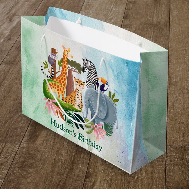 Sacola Para Presentes Grande Safari animals jungle birthday watercolor (Criador carregado)