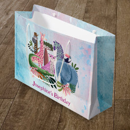 Sacola Para Presentes Grande Safari animals jungle girl birthday watercolor