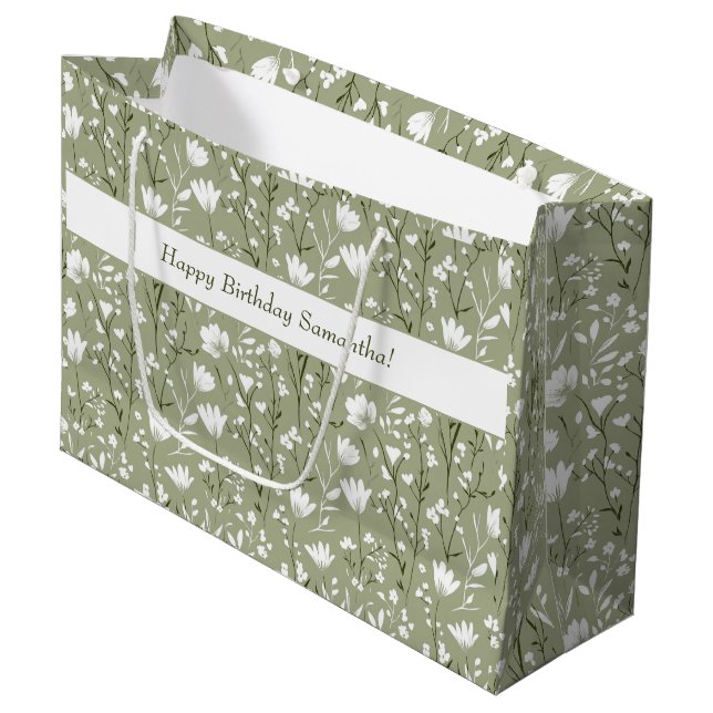 Sacola Para Presentes Grande Sage Green e White Floral Birday para ela (Frente inclinada)