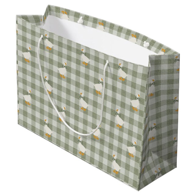 Sacola Para Presentes Grande Sage Green Gingham Goose Buffalo Check Baby Shower (Verso inclinado)