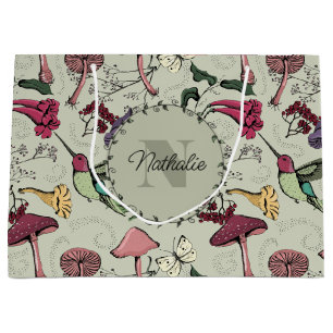 Sacola Para Presentes Grande Sage Green Primavera Garden Hummingbird Floral