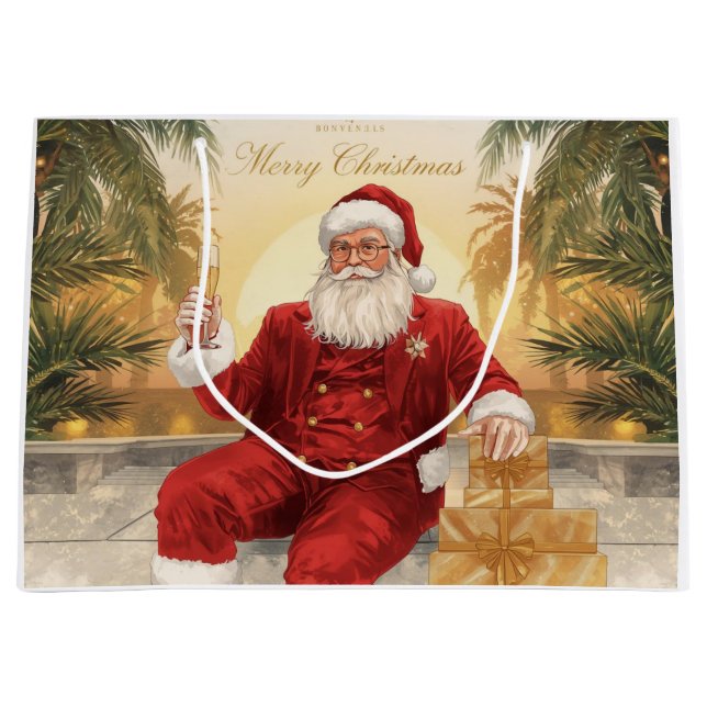 Sacola Para Presentes Grande Santa Claus Christmas under palm tree California (Frente)