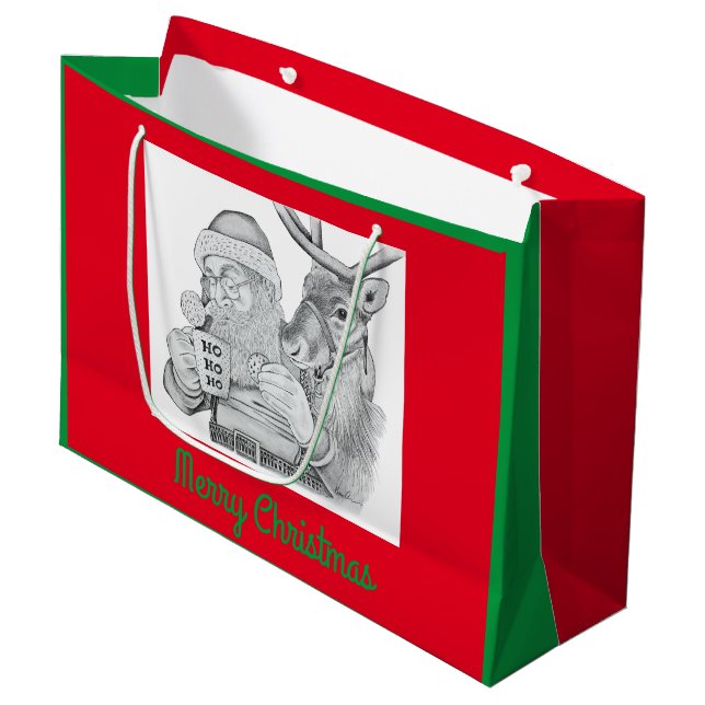Sacola Para Presentes Grande Santa Claus e Reindeer (Frente inclinada)
