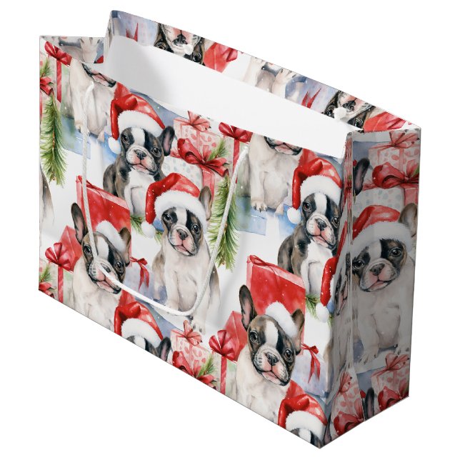 Sacola Para Presentes Grande Santa Hat Pups Frenchie (Frente inclinada)